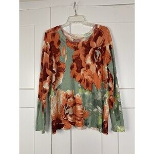 Soft Surroundings Orange Flower Long Sleeve Sweater Top‎ Pullover Med - Flawed